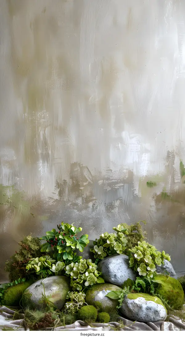 Green Mossy Rocks with Plants and a Grey Background