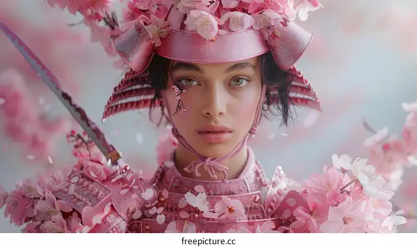 A Pink-clad Samurai Wielding a Sword in a Field of Cherry Blossoms