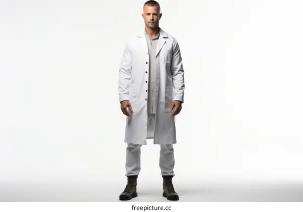 Fashion model in white lab coat and boots