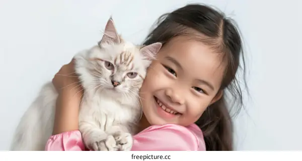 A young girl is hugging a white cat