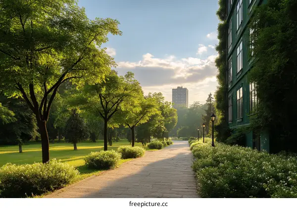 Park Path Leading to Building with Green Facade
