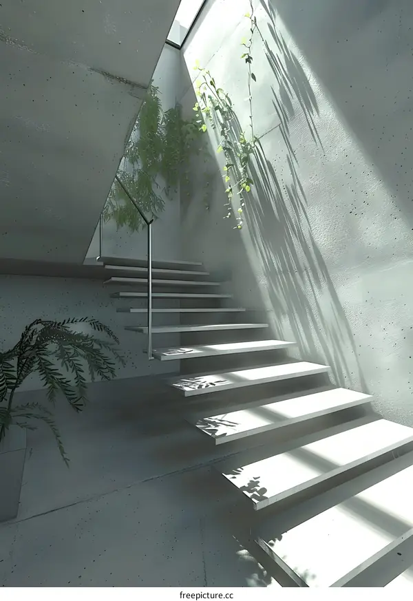 Modern Concrete Staircase Design with Sunlight and Plants