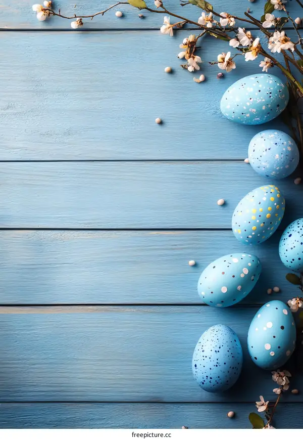 Easter Eggs on Light Blue Wooden Background with Spring Branches