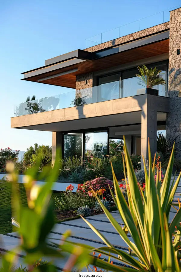 Modern villa exterior with beautiful garden and amazing sea view