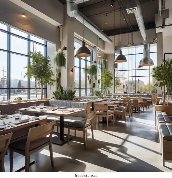 Airy modern restaurant interior with large windows and lots of plants