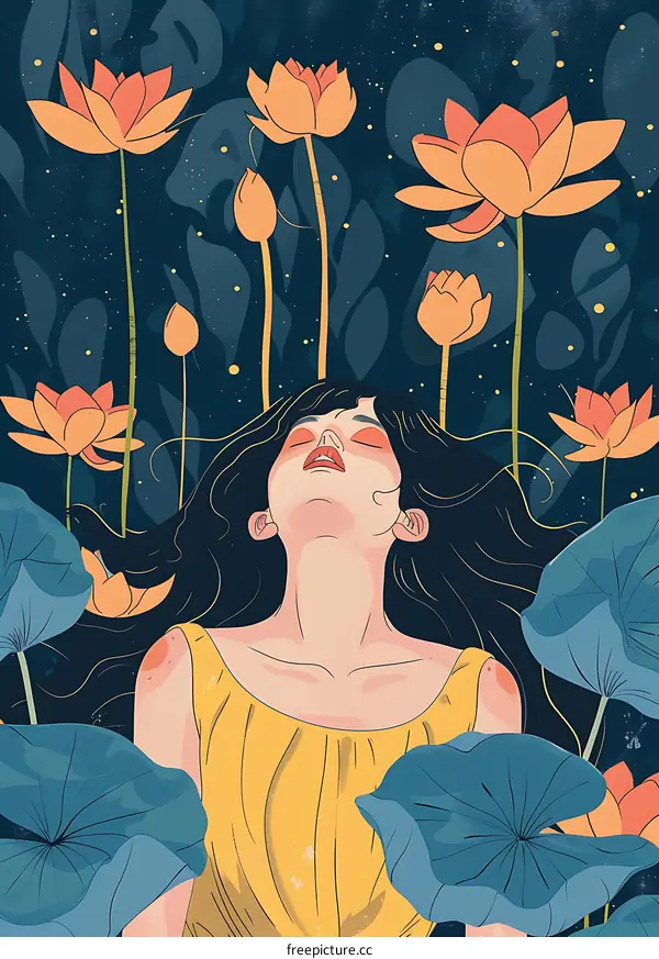 Woman Lying on Lotus Leaves with Flowers Above