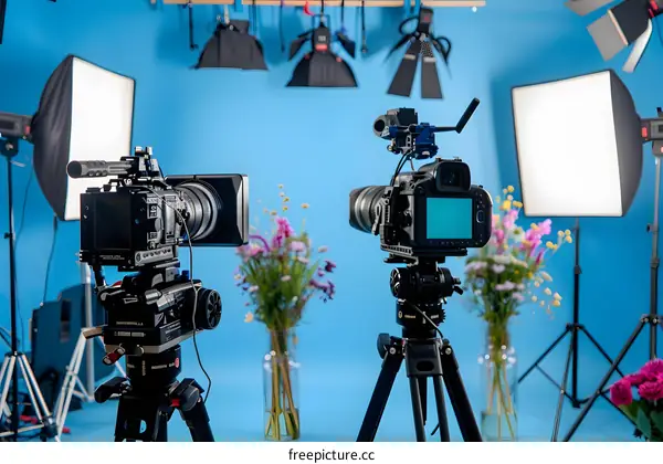 Two Professional Cameras Set Up on Tripods in a Blue Studio