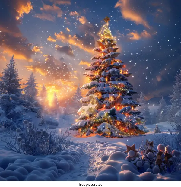 Christmas tree with gifts and decorations in a winter scene