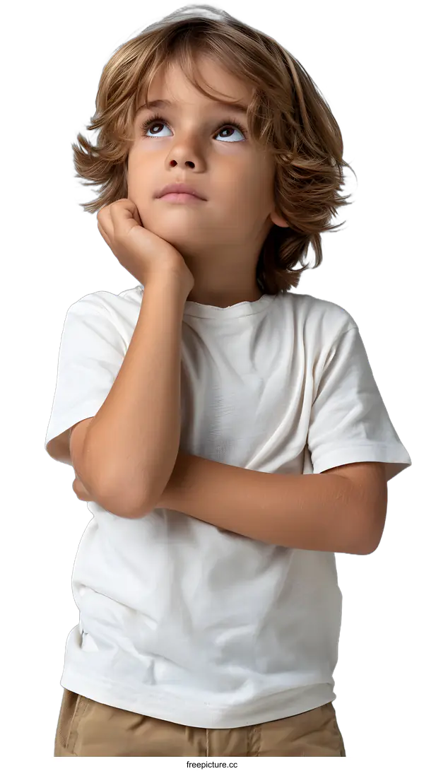[Transparent Background PNG]Portrait of a Young Boy Looking Up With a Thoughtful Expression