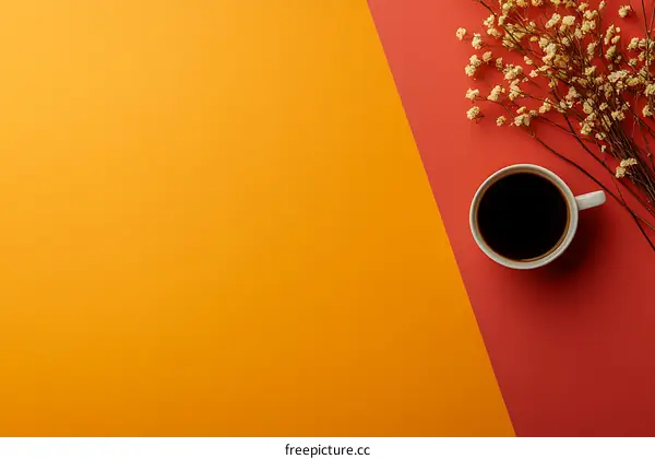 Coffee Cup With Flowers On Orange And Red Background