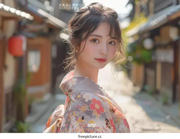 Asian Woman in Traditional Japanese Kimono in a Street Scene