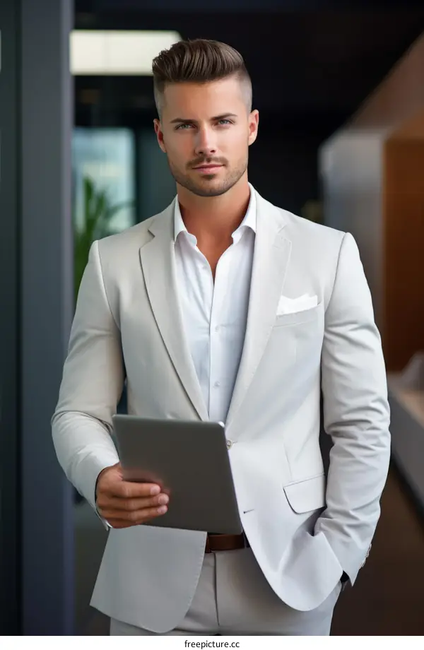 Confident Businessman in a White Suit Holding a Tablet