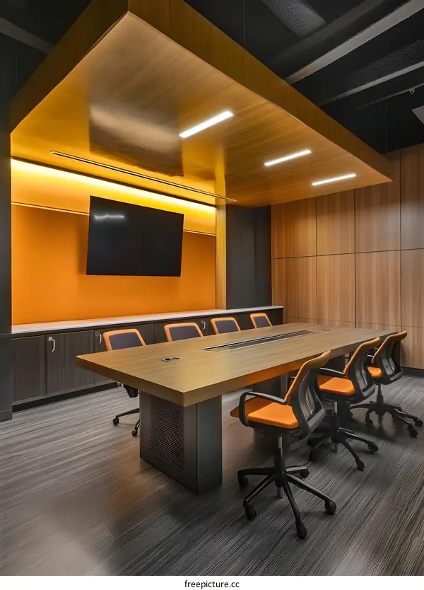 Modern Conference Room With Wooden Table and Orange Chairs