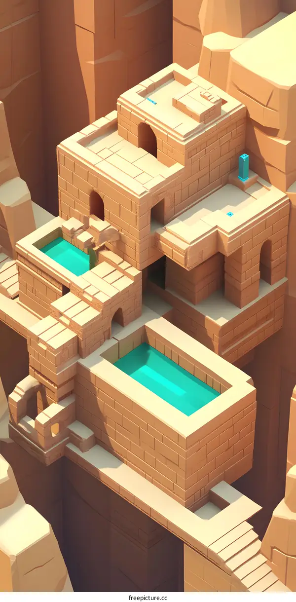 3D Illustration of a Desert Temple with Pools
