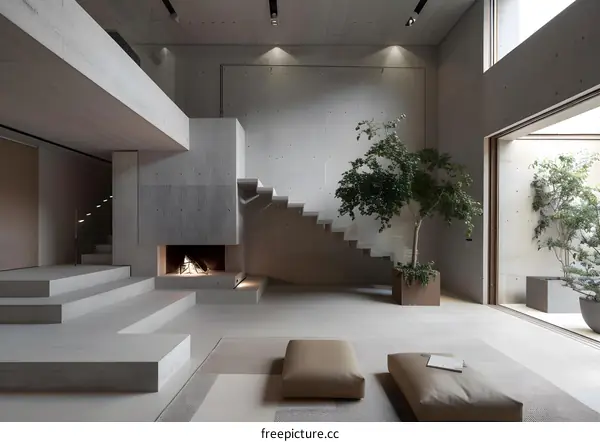 Modern Minimalist Concrete House Interior Design with Fireplace and Staircase