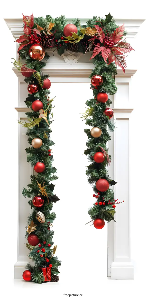 Christmas Garland With Red And Gold Ornaments On White Fireplace