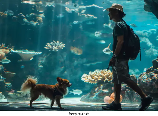 A man and his dog look at an aquarium