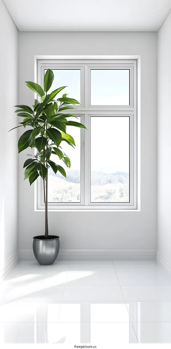 Minimalist Interior Design with a Large Window and a Potted Plant