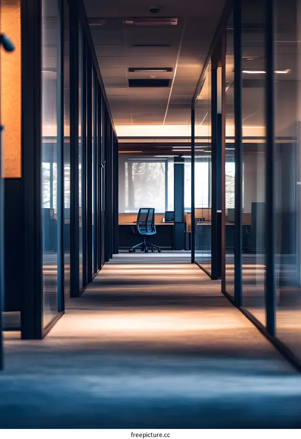 Modern Office Hallway with Glass Walls and Single Chair