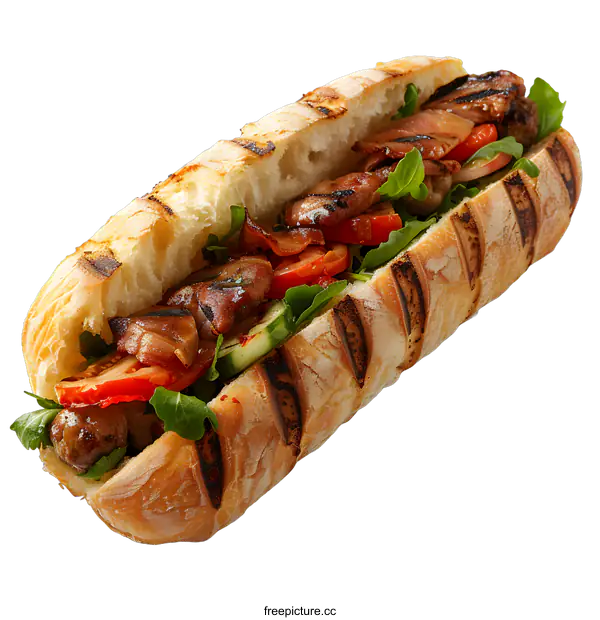 [Transparent Background PNG]A gourmet hot dog with bacon, tomato, cucumber, and lettuce on a crusty baguette