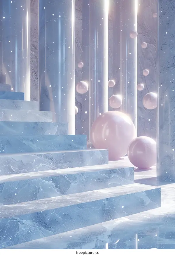 Abstract Light Blue Marble Stairway with Sphere Objects