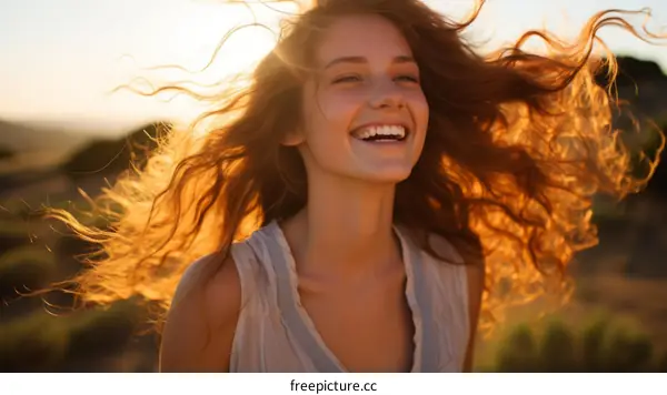 Portrait of a happy young woman with long red hair and a toothy smile