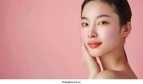 Beautiful Asian Woman Applying Pink Facial Mask on Pink Background
