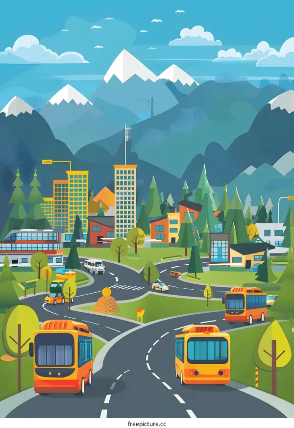 Cityscape Illustration with Mountains and Buses