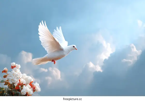 A White Dove Soaring Through a Sky Filled with Clouds and Flowers