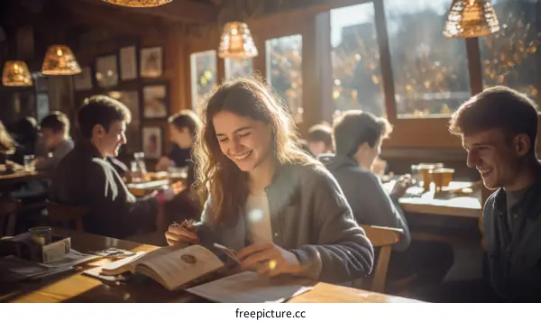 Happy multi-ethnic group of friends reading books in a cafe