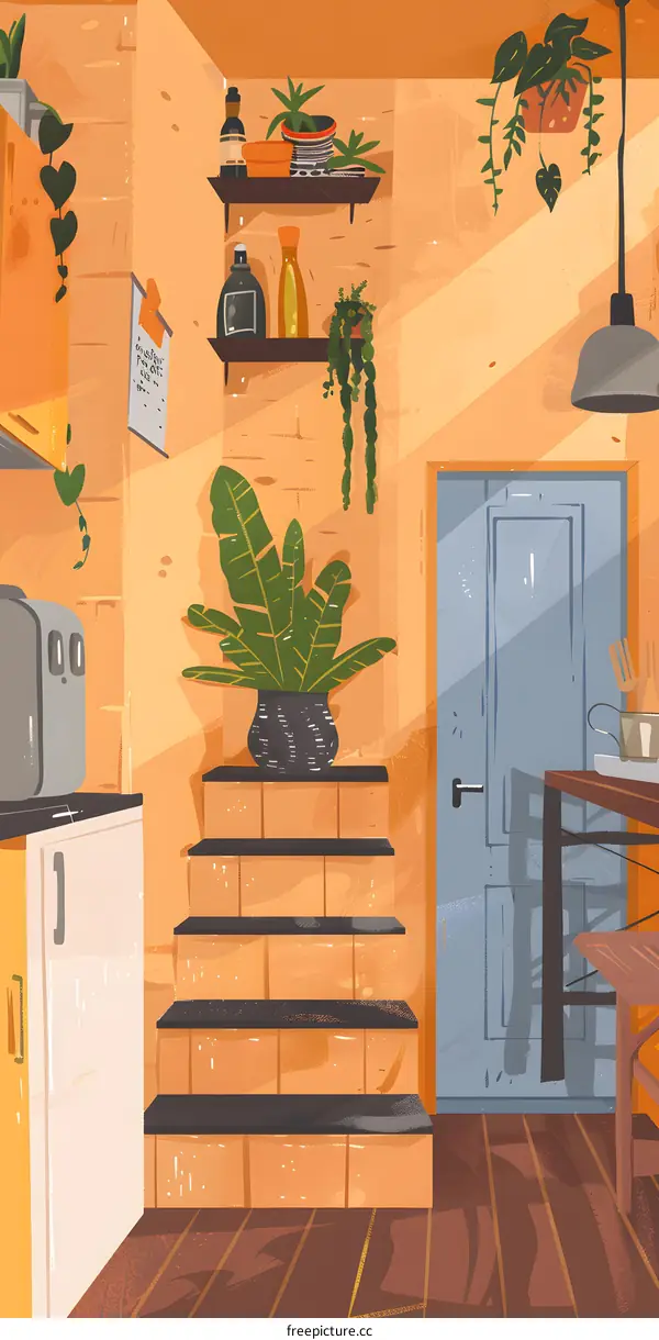 Modern Kitchen Interior Illustration With Yellow Walls And Plants