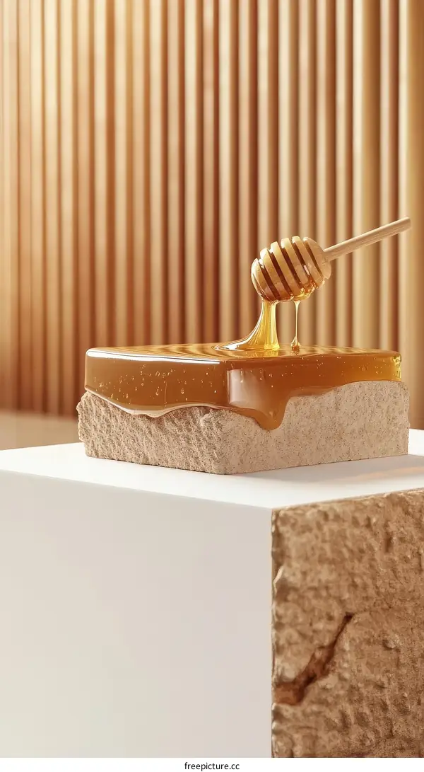 Honey Dripping from Wooden Honey Dipper on Stone Block