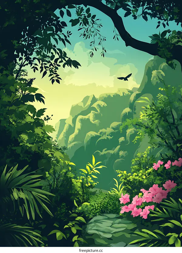 Green Lush Forest with Flowers and a Bird