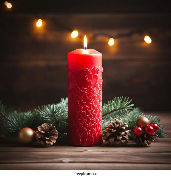 Red Candle with Christmas Decorations