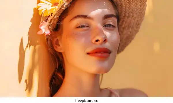 Close Up Portrait of a Beautiful Woman With Freckles Wearing a Straw Hat and Flowers in Her Hair