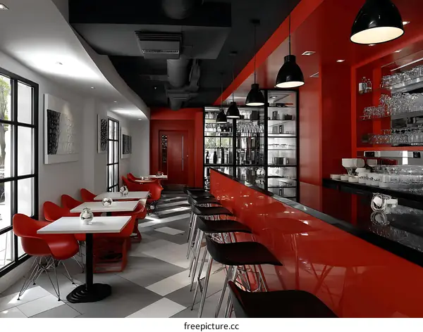 Modern Cafe Interior Design with Red Accents