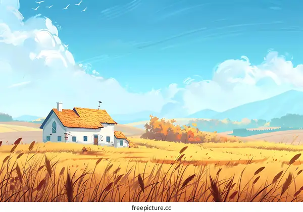 Countryside House with Golden Fields and Blue Sky