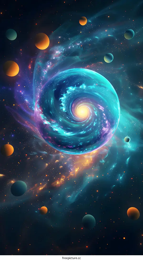 Swirling Galaxy with Colorful Planets