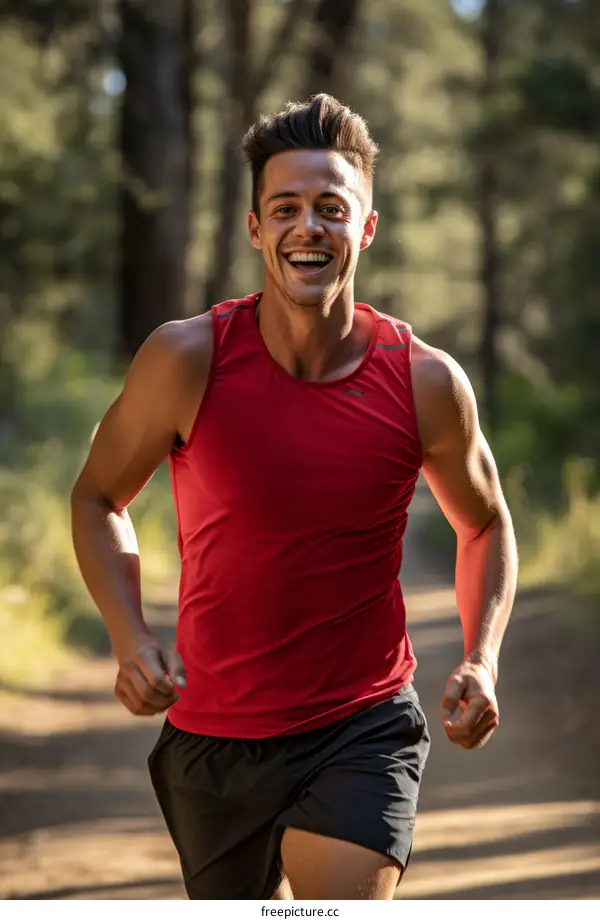 muscular man in red tank top and black shorts trail running in forest