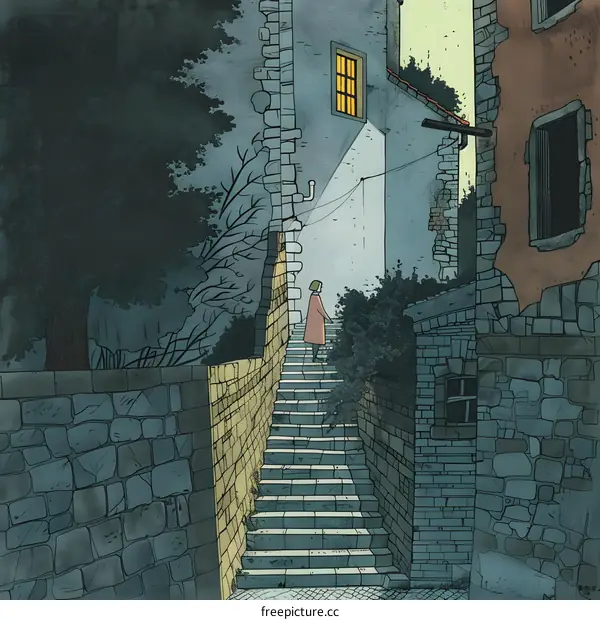 Woman Walking Up Stone Steps in Old Town
