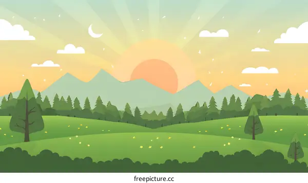 Sunset Landscape with Mountains and Forest