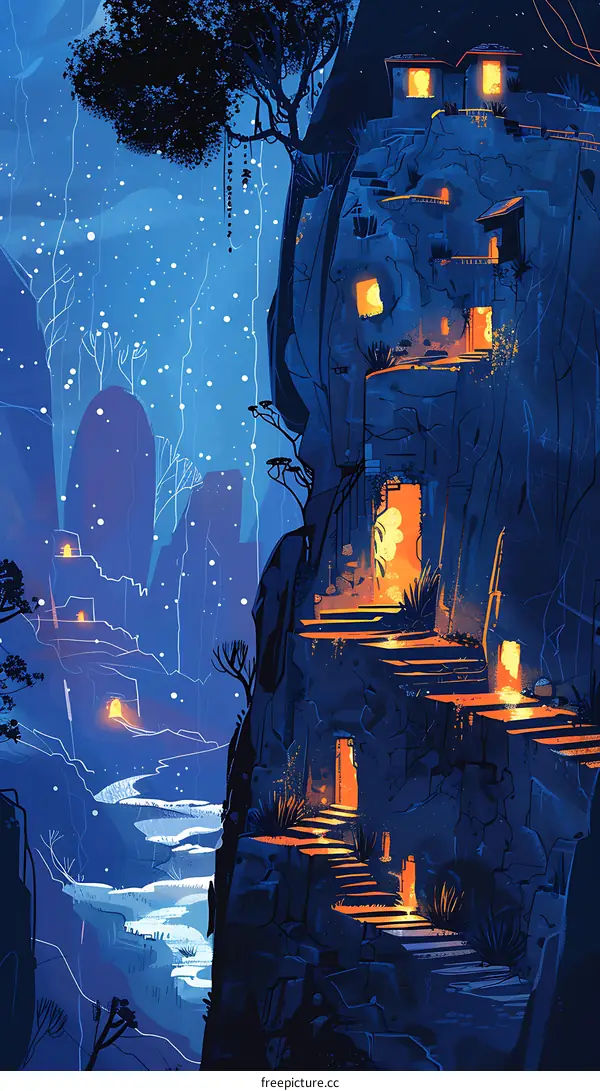 Glowing houses on a cliffside at night