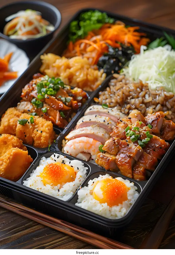 Japanese Bento Box with Various Dishes
