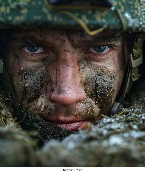 Portrait of a soldier with camouflage on his face