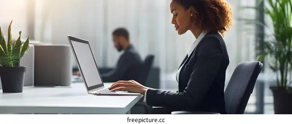 African American Woman Working On Laptop In Modern Office