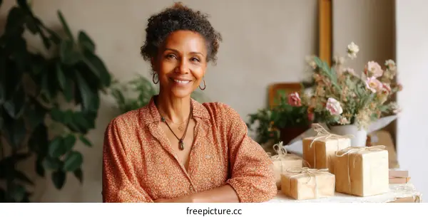 Smiling Woman Entrepreneur with Craft Gifts
