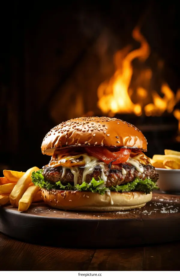 A delicious-looking burger with melted cheese and a side of fries