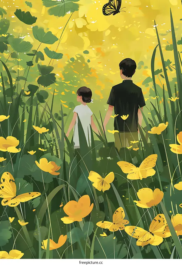 Couple Walking Through Field of Yellow Flowers and Butterflies