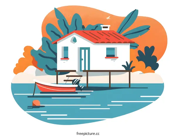Summer House With Red Roof and Boat Illustration