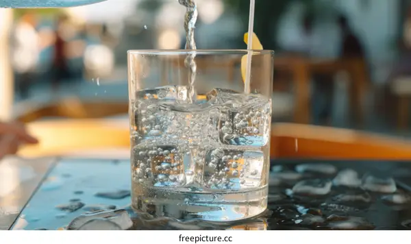 clear glass with ice being poured into it